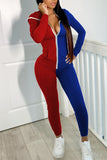 Blue Black Casual Solid Split Joint  Contrast Zipper Hooded Collar Skinny Jumpsuits