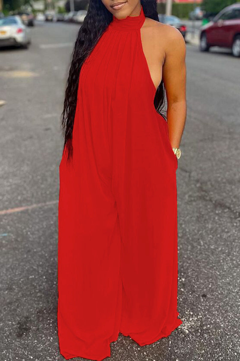 Red Sexy Casual Solid Backless Turtleneck Regular Jumpsuits