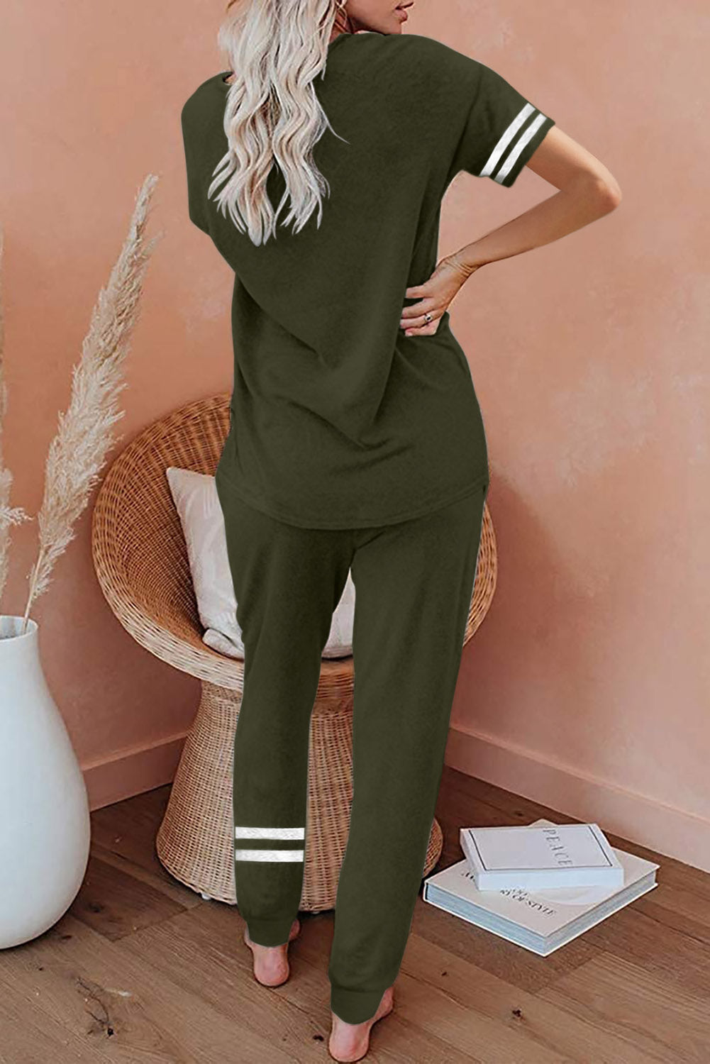 Army Green Striped Accent Short Sleeve and Joggers Set