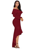 Burgundy Lantern Sleeve Asymmetric Ruffle Hem Evening Dress