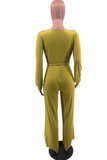 Green Casual Solid Split Joint V Neck Straight Jumpsuits
