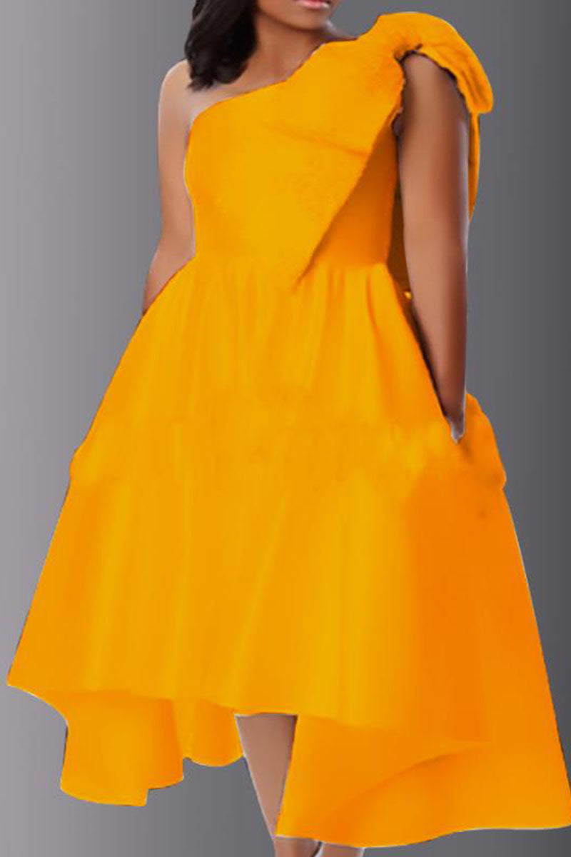 Yellow Elegant Solid Split Joint Asymmetrical With Bow Oblique Collar Evening Dress Dresses