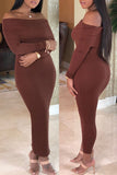 Brown Sexy Casual Solid Split Joint Backless Off the Shoulder Long Sleeve Dresses