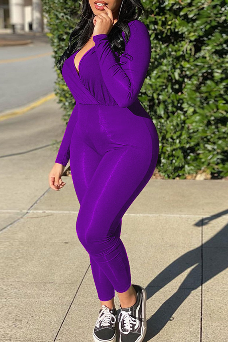 Purple Sexy Solid Split Joint V Neck Skinny Jumpsuits