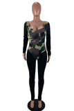 Red Fashion Casual Camouflage Print Split Joint U Neck Skinny Jumpsuits