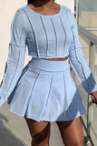 Light Blue Fashion Casual Solid Split Joint O Neck Long Sleeve Two Pieces