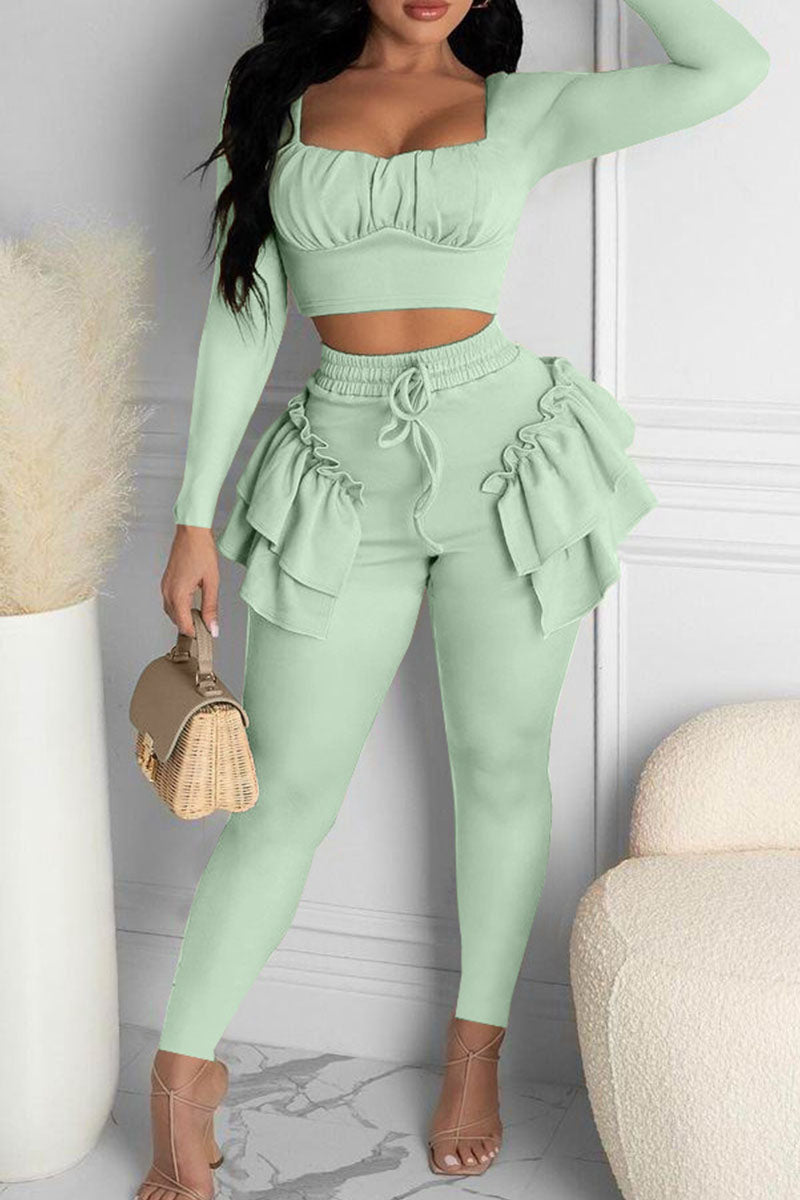 Light Green Casual Solid Split Joint Flounce O Neck Long Sleeve Two Pieces