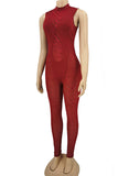 Red Sexy Solid Split Joint See-through O Neck Skinny Jumpsuits