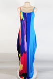 Blue Fashion Sexy Print Split Joint Spaghetti Strap Long Dress
