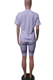 Light Purple Casual Print Split Joint O Neck Short Sleeve Two Pieces