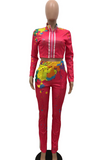 Rose Red Casual Patchwork Tie-dye Turndown Collar Long Sleeve Two Pieces
