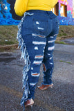 Dark Blue Street Solid Tassel Ripped Split Joint Plus Size Jeans
