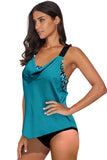 Turquoise Cowl Neck Splicing Tank and Panty Tankini Set