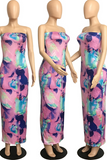 Colour Sexy Print Split Joint Strapless Pencil Skirt Dresses