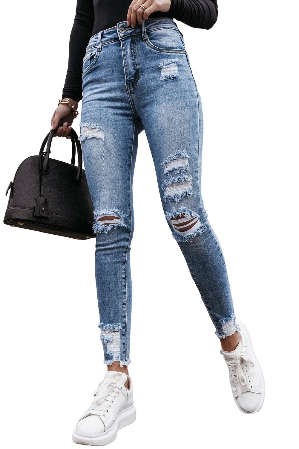 Skinny High Rise Ripped Tapered Jeans