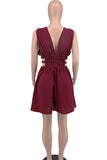 Burgundy Sexy Casual Solid Hollowed Out Backless V Neck Sleeveless Dress