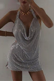 Silver Fashion Sexy Rhinestone Backless Halter Sleeveless Dress