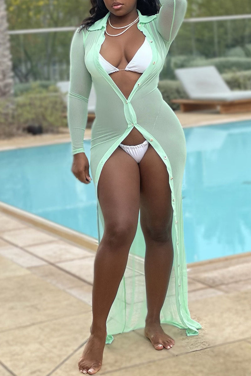 Light Green Sexy Solid See-through Mesh Swimwears Cover Up