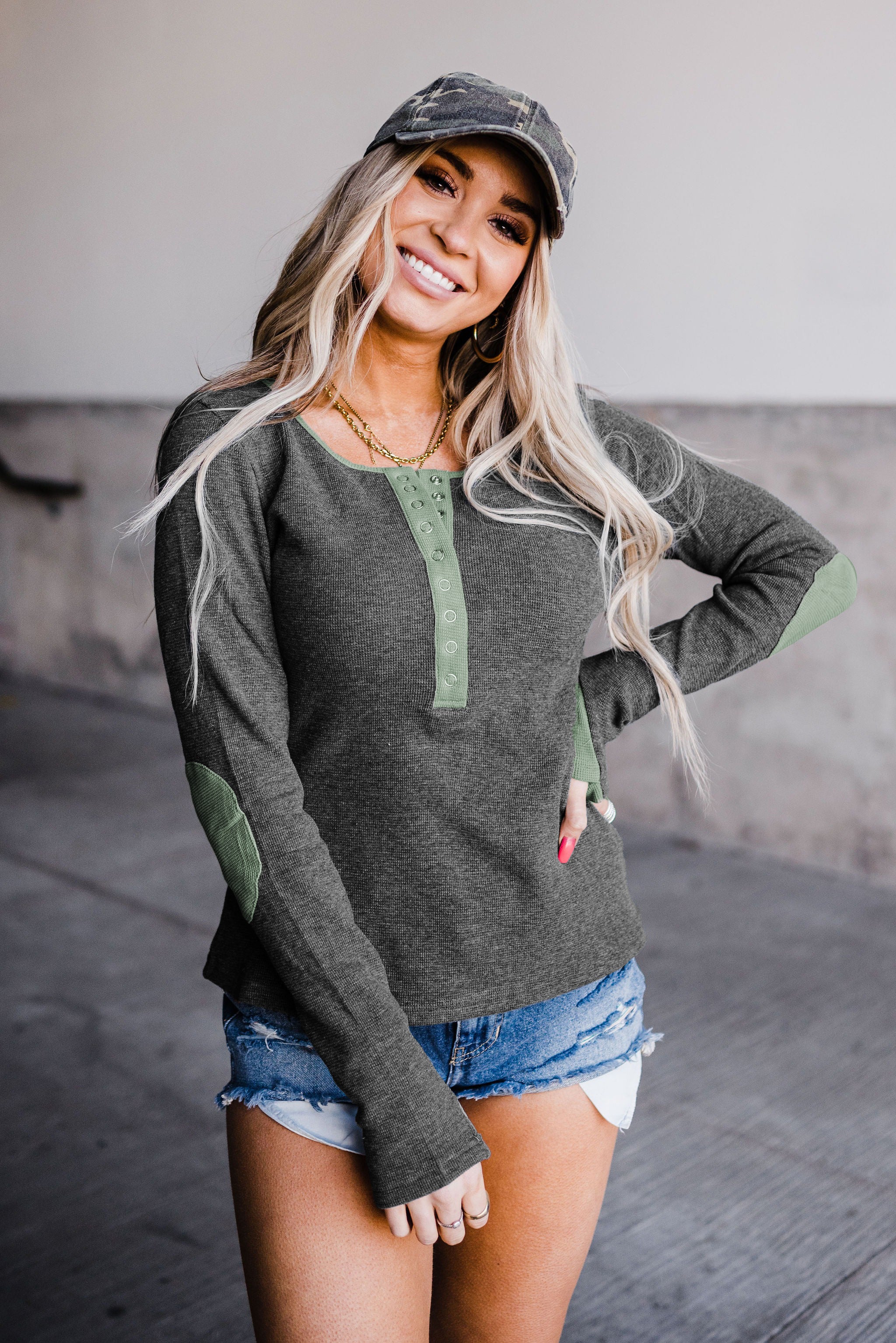 Contrast Elbow Patch Gray Long Sleeve Top
