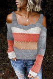 Trim Colorblock Stripes Cold Shoulder Hollow-out Sweater