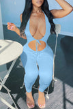 Apricot Sexy Casual Solid Bandage Hollowed Out Backless Halter Skinny Jumpsuits