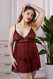 Wine Lace Mesh Plus Size Babydoll with Thong