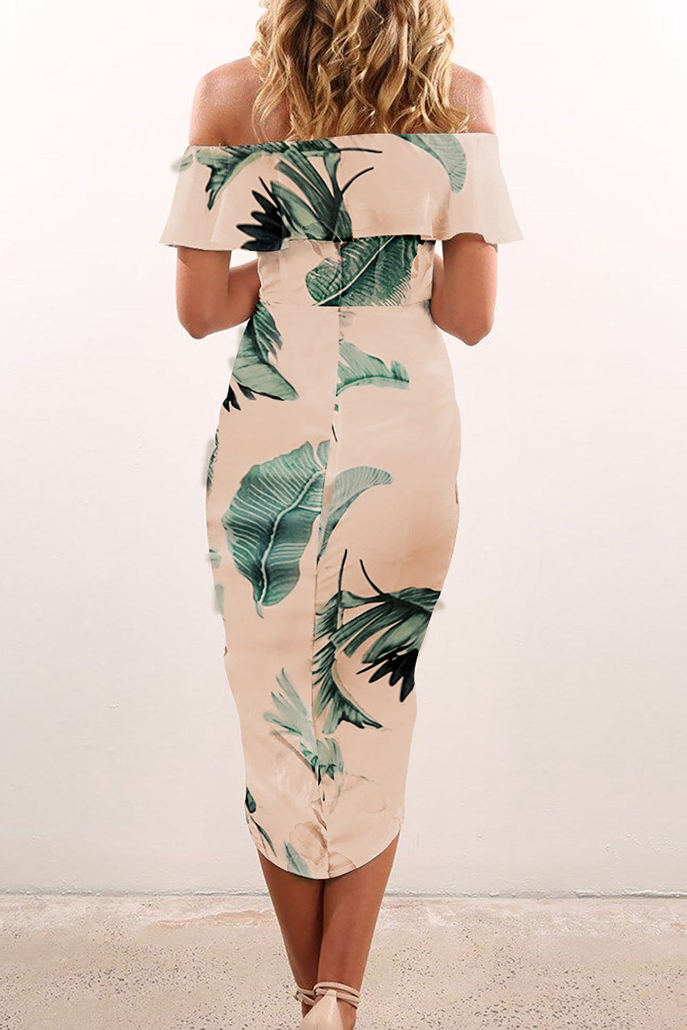 Palm Leaf Off-shoulder Ruffle Bodycon Midi Dress with Slit