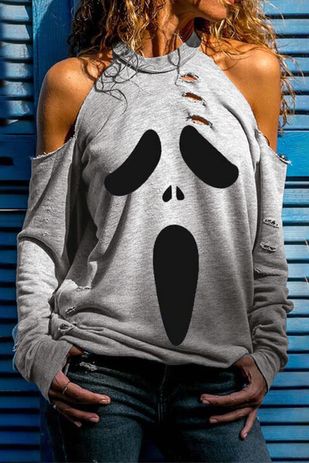 Distressed Halloween Ghost Cold Shoulder Sweatshirt