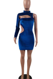 Blue Sexy Solid Hollowed Out Split Joint Half A Turtleneck Pencil Skirt Dresses