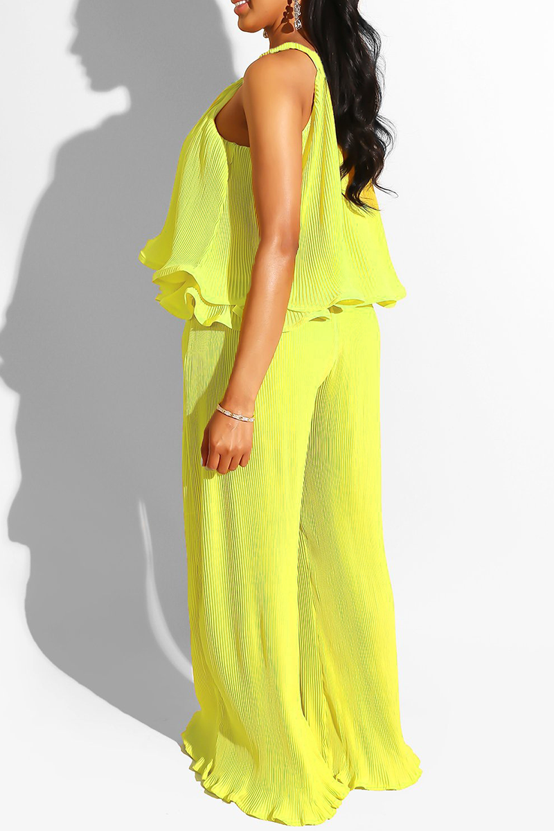 Yellow Sexy Solid Flounce Sleeveless Two Pieces