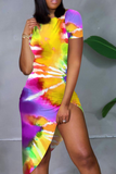 Multicolor Sexy Print High Opening O Neck Irregular Dress Dresses