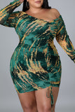 Green Sexy Print Split Joint Draw String Fold Asymmetrical Collar Pencil Skirt Plus Size Dresses