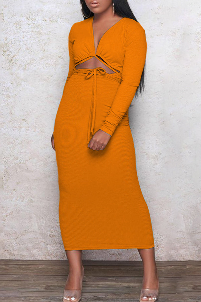 Orange Fashion Casual Solid Leopard Bandage Hollowed Out V Neck Long Sleeve Dresses