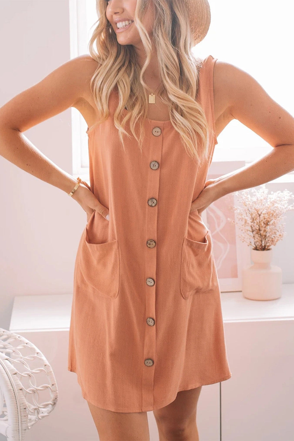 Button Front Sleeveless Mini Dress with Pockets