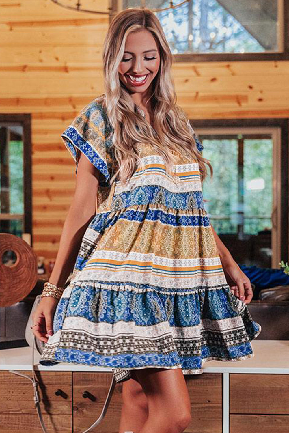 Beige Accent Color Block Bohemian Print Short Sleeve Mini Dress