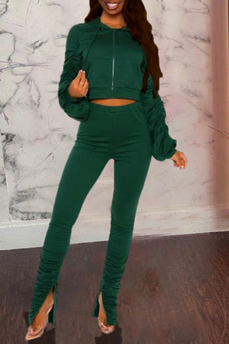 Green Casual Solid Split Joint Fold Hooded Collar Long Sleeve Two Pieces