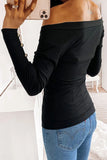 V Neck Ribbed Textured Pleated Top with Buttoned Long Sleeves