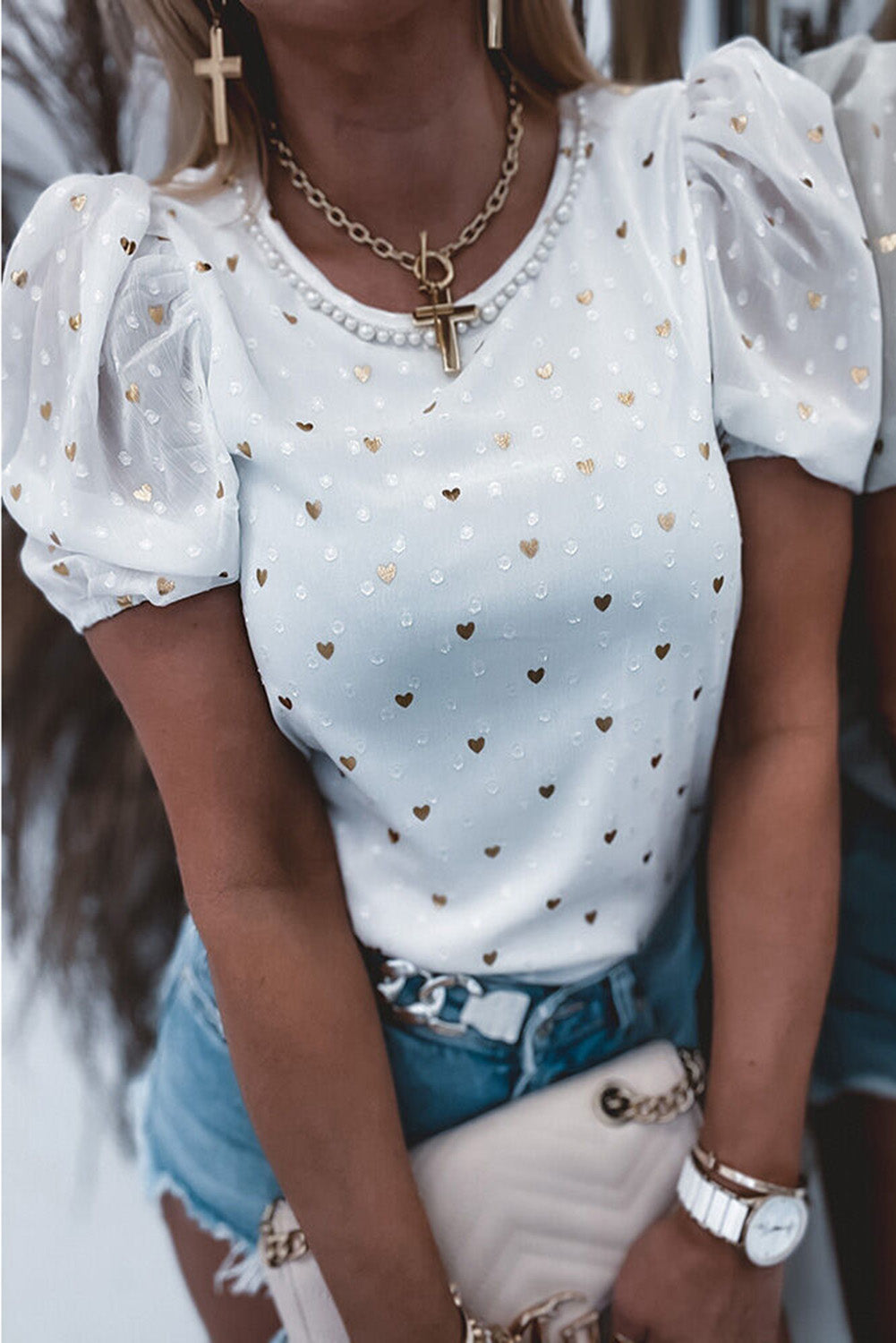 Dotted Heart Print Puff Sleeve Top