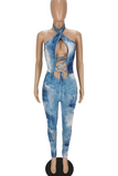 Light Blue Sexy Print Hollowed Out Cold Shoulder Skinny Jumpsuits