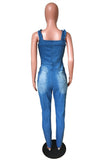 Baby Blue Sexy Casual Solid Ripped Backless Spaghetti Strap Skinny Jumpsuits