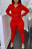 Rose Red Casual Solid Split Joint Zipper Hooded Collar Long Sleeve Two Pieces