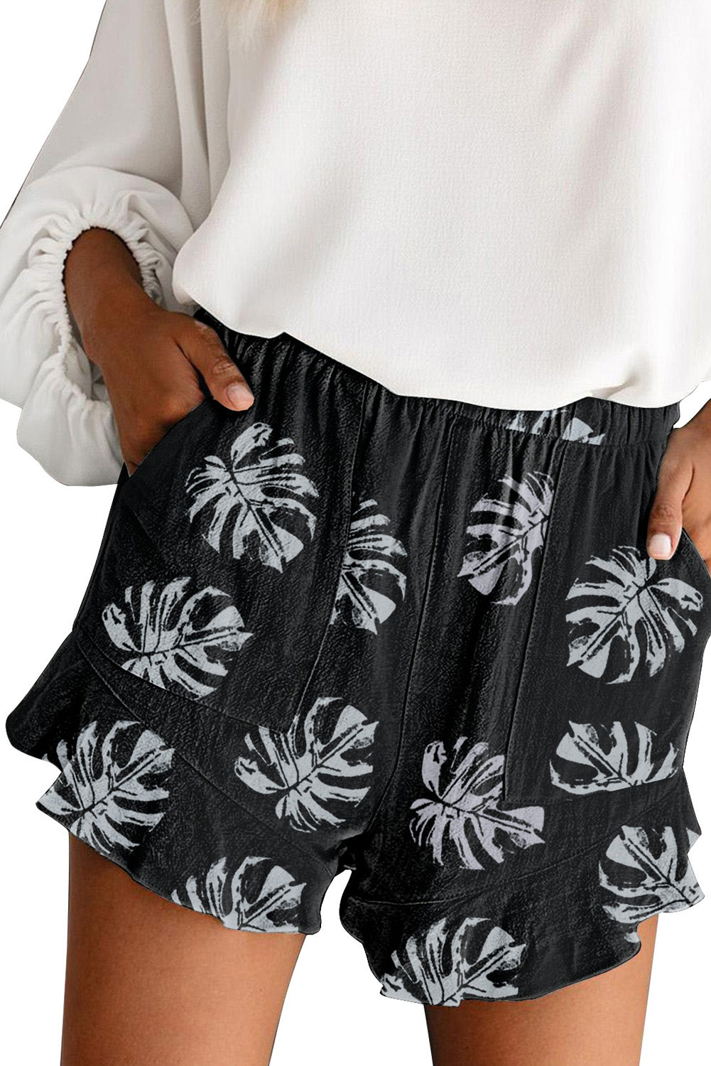 Palm Tree Leaves Print Elastic Waist Shorts with Pocket