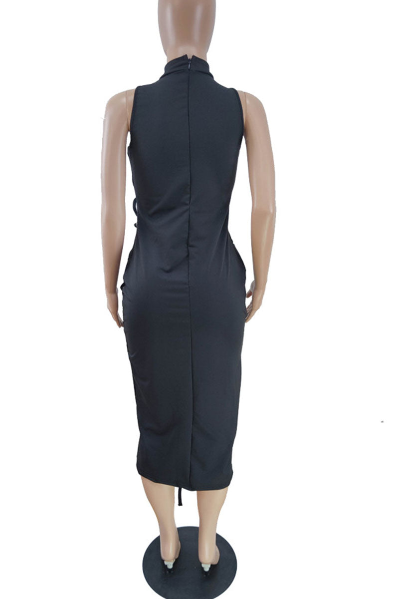 Black Fashion Solid Split Joint Frenulum Half A Turtleneck Straight Dresses
