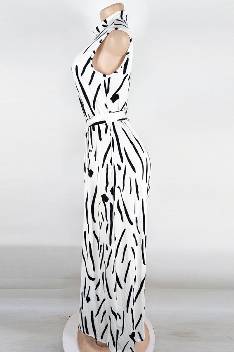 White Casual Print Split Joint With Belt Half A Turtleneck Straight Jumpsuits