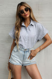 striped collared button down short sleeve shirt
