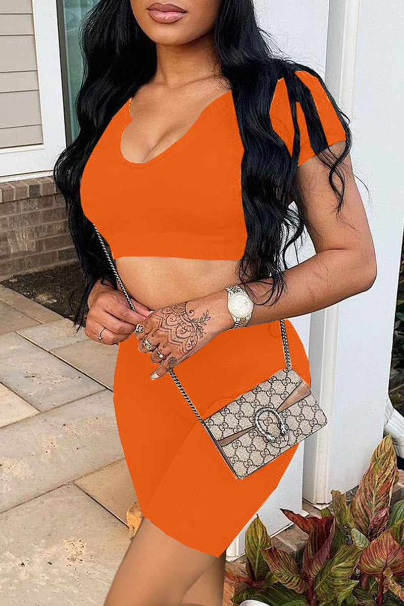 Orange Sexy Solid Split Joint V Neck Short Sleeve Two Pieces