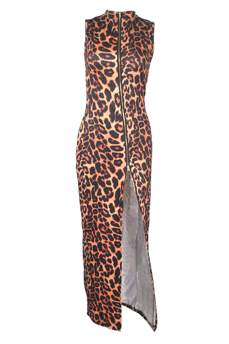 Multicolor Fashion Sexy Print Leopard Slit Zipper Collar Vest Dress