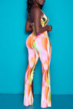 Fashion Sexy Print Hollowed Out Backless Halter Regular Jumpsuits