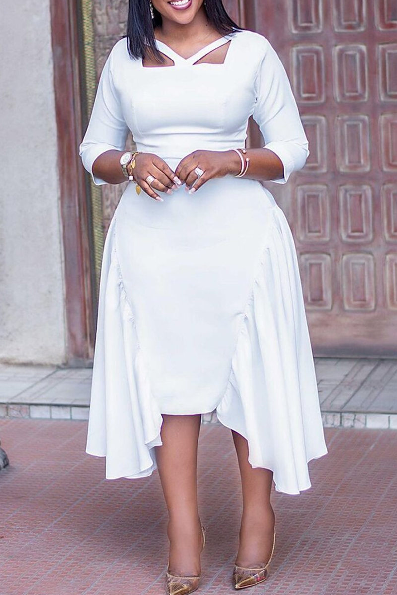 White Casual Solid Split Joint Square Collar Cake Skirt Dresses