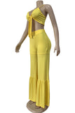 Yellow Sexy Solid Split Joint Knotted Spaghetti Strap Sleeveless Two Pieces